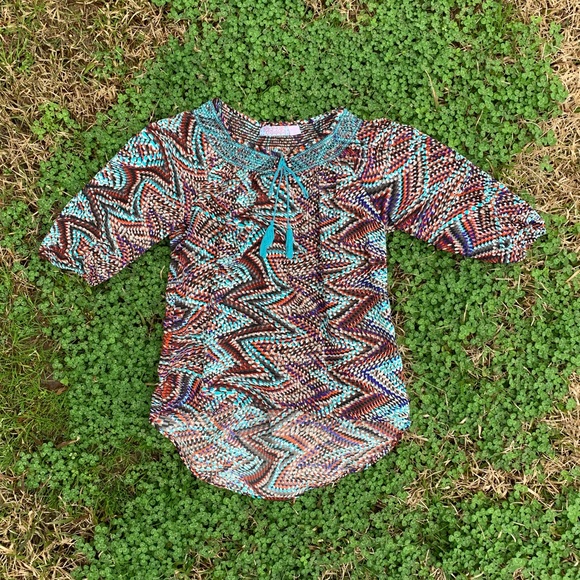 Boho Print Ethnic Styled 3/4 Sleeve Peasant Blouse - Picture 4 of 5